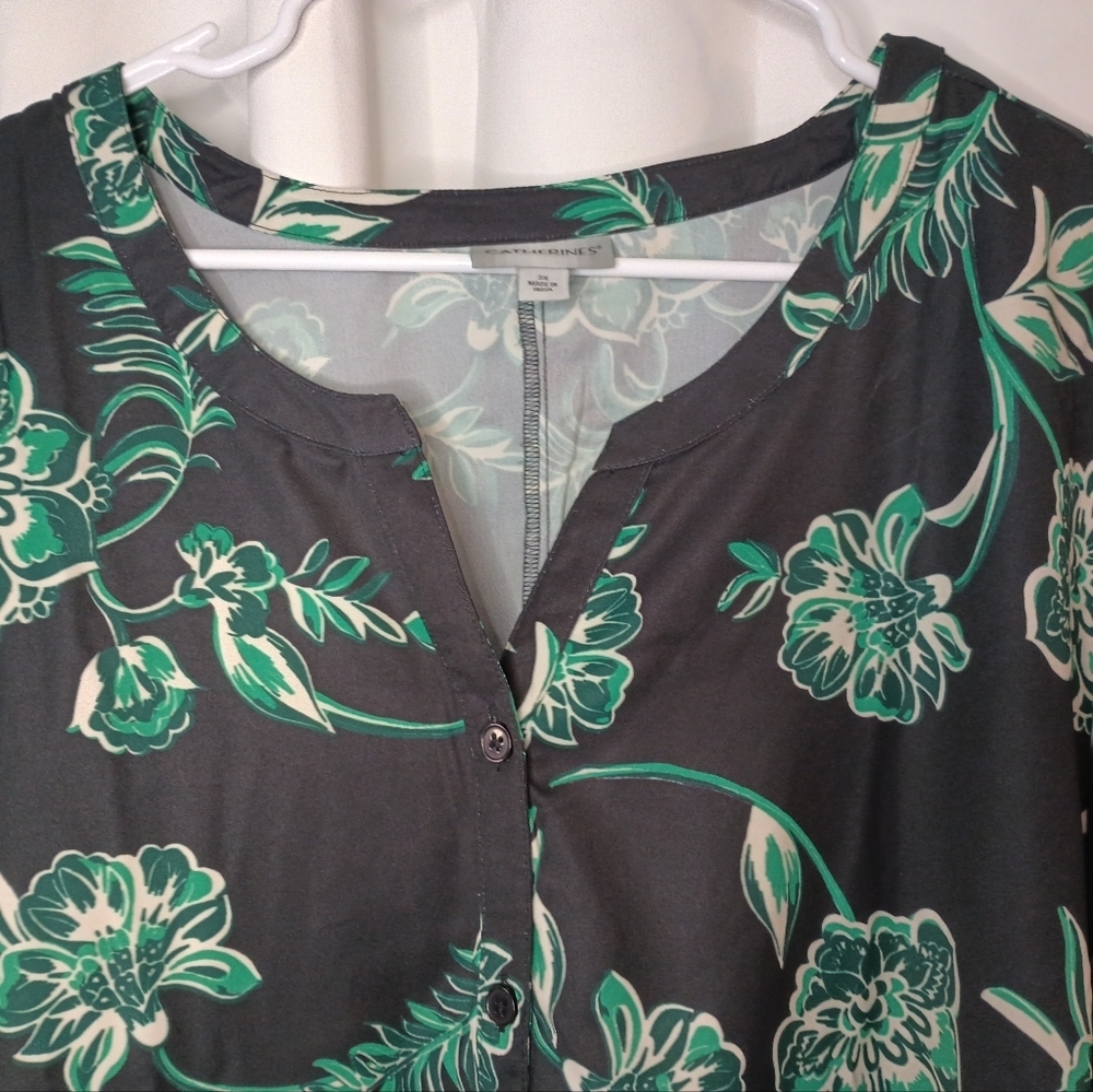 Catherines 3X Button Front Blouse Top Kelly Green Floral Satin Peasant - Picture 3 of 13